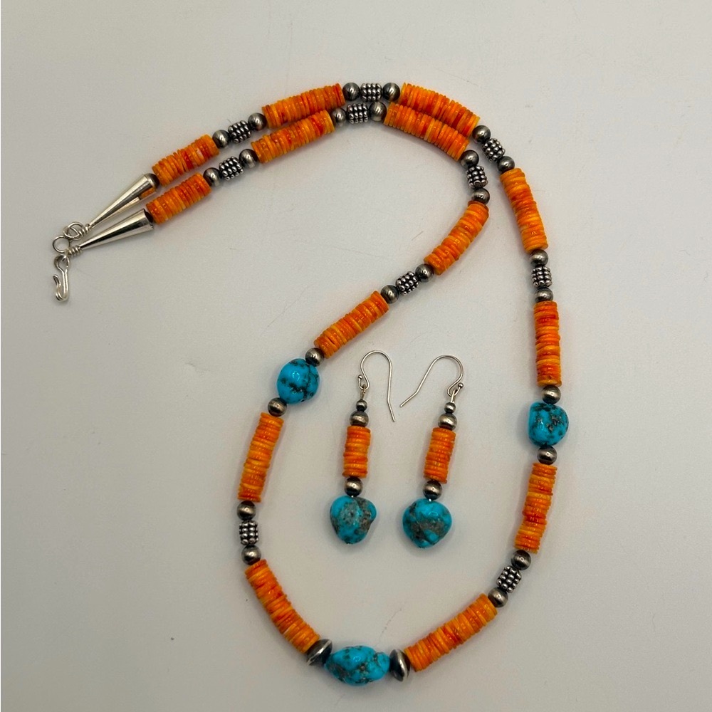 Morenci Turquoise and Orange Spiny Oyster Shell Navajo Pearl Beaded Necklace Set
